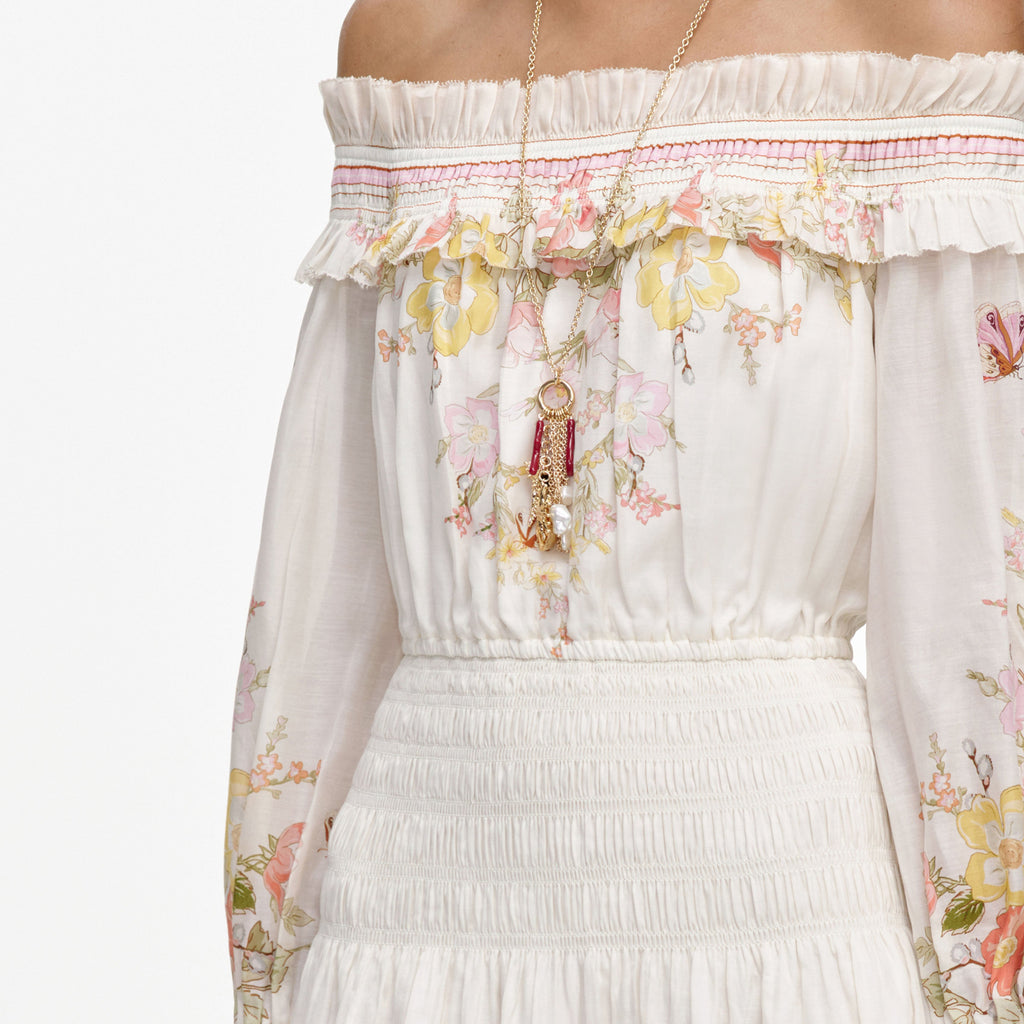 Cream Floral Organza Ruffle Maxi Dress