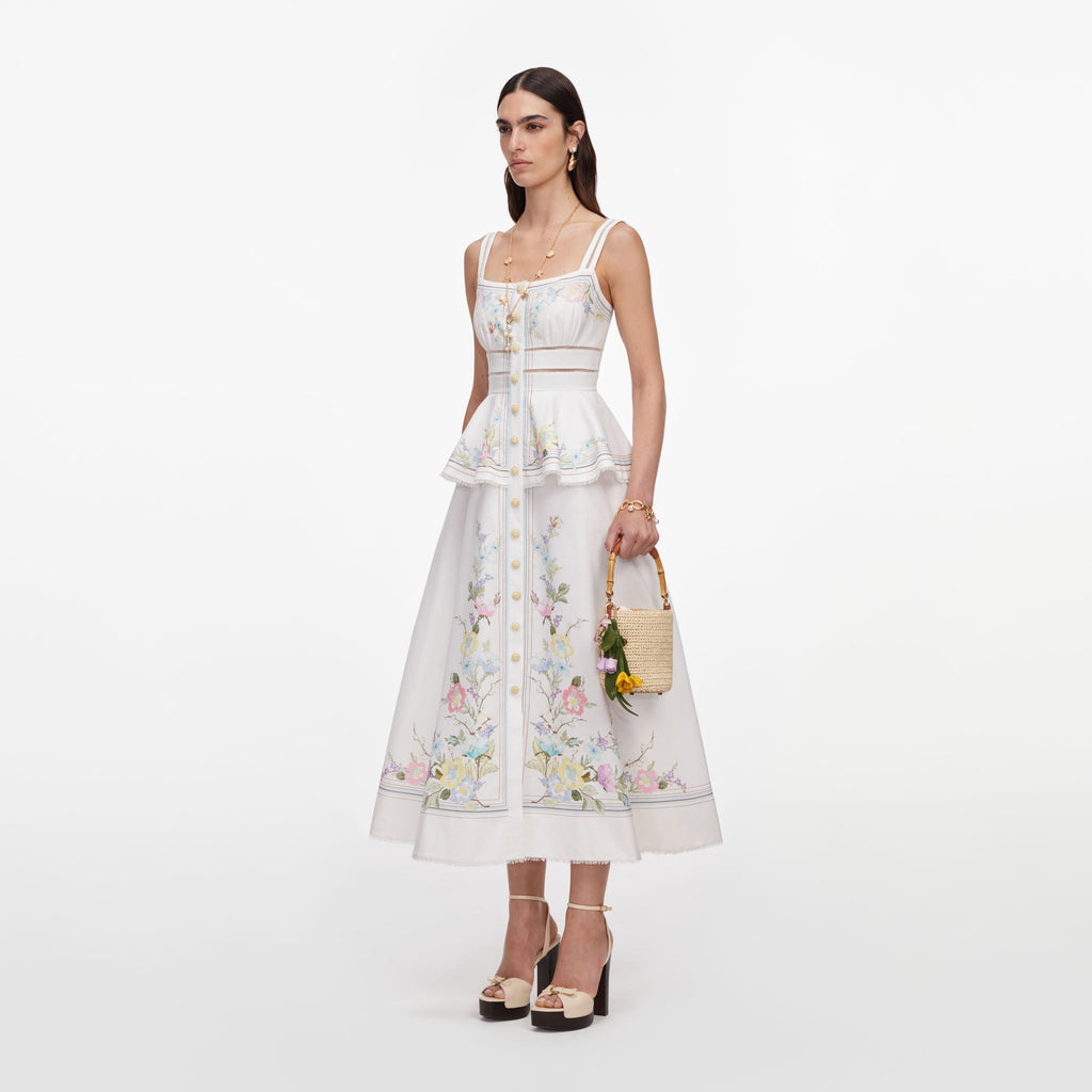 White Floral Linen Blend Peplum Midi Dress