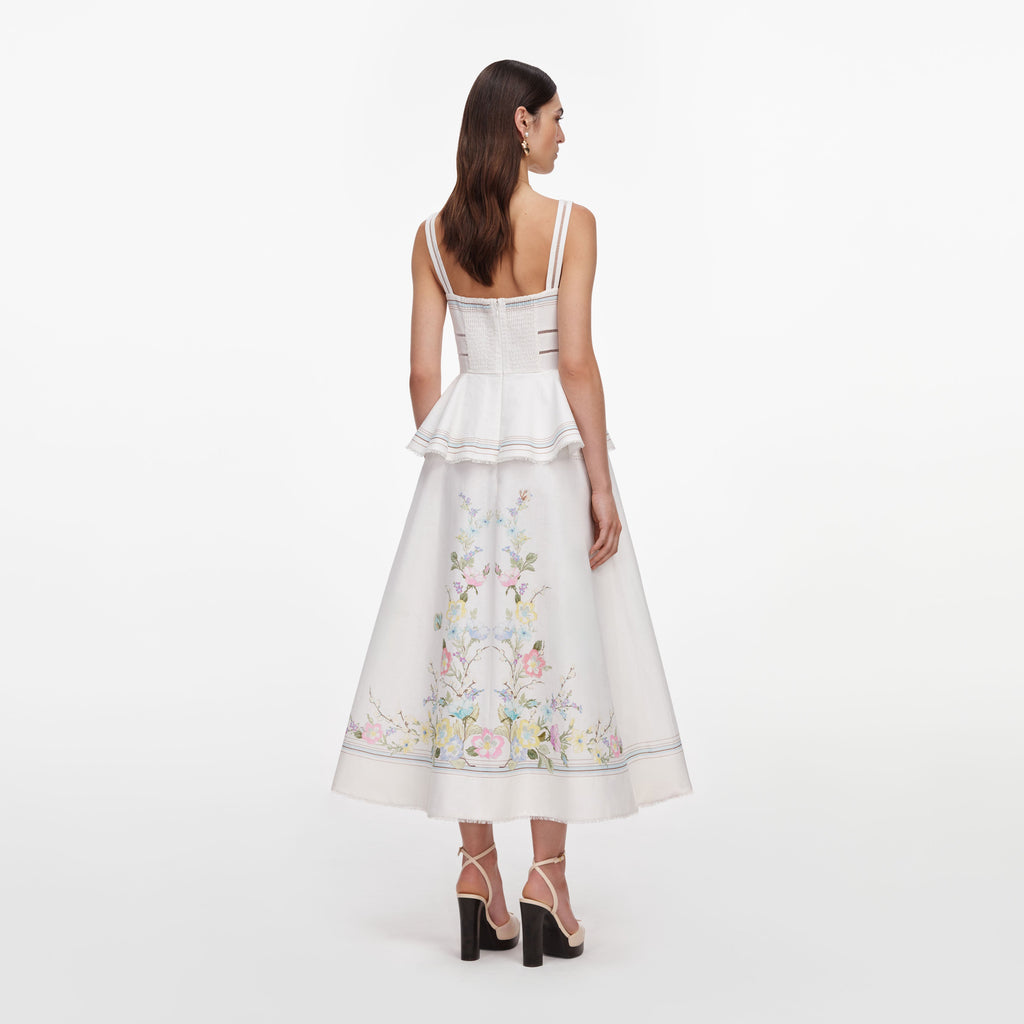 White Floral Linen Blend Peplum Midi Dress