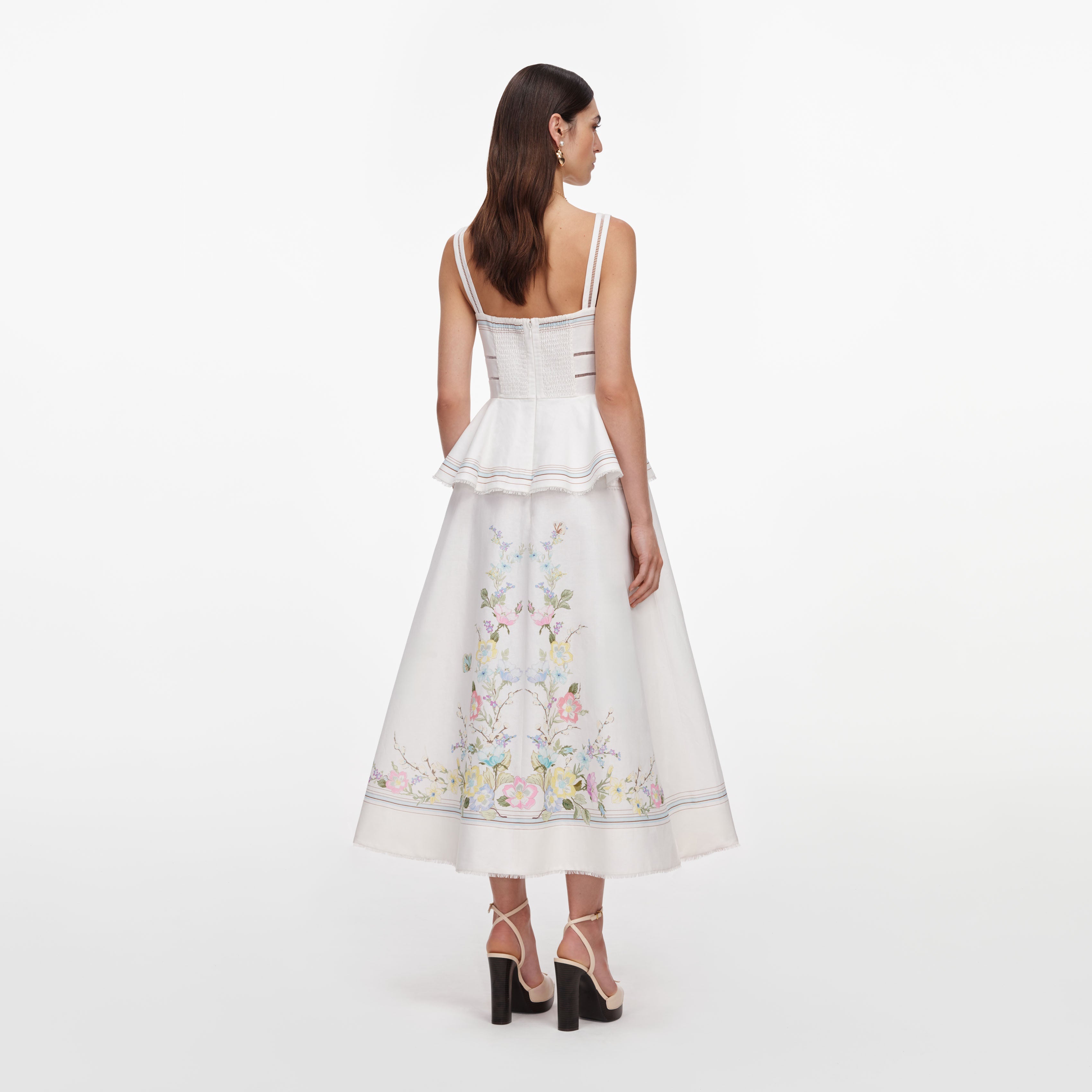 White Floral Linen Blend Peplum Midi Dress