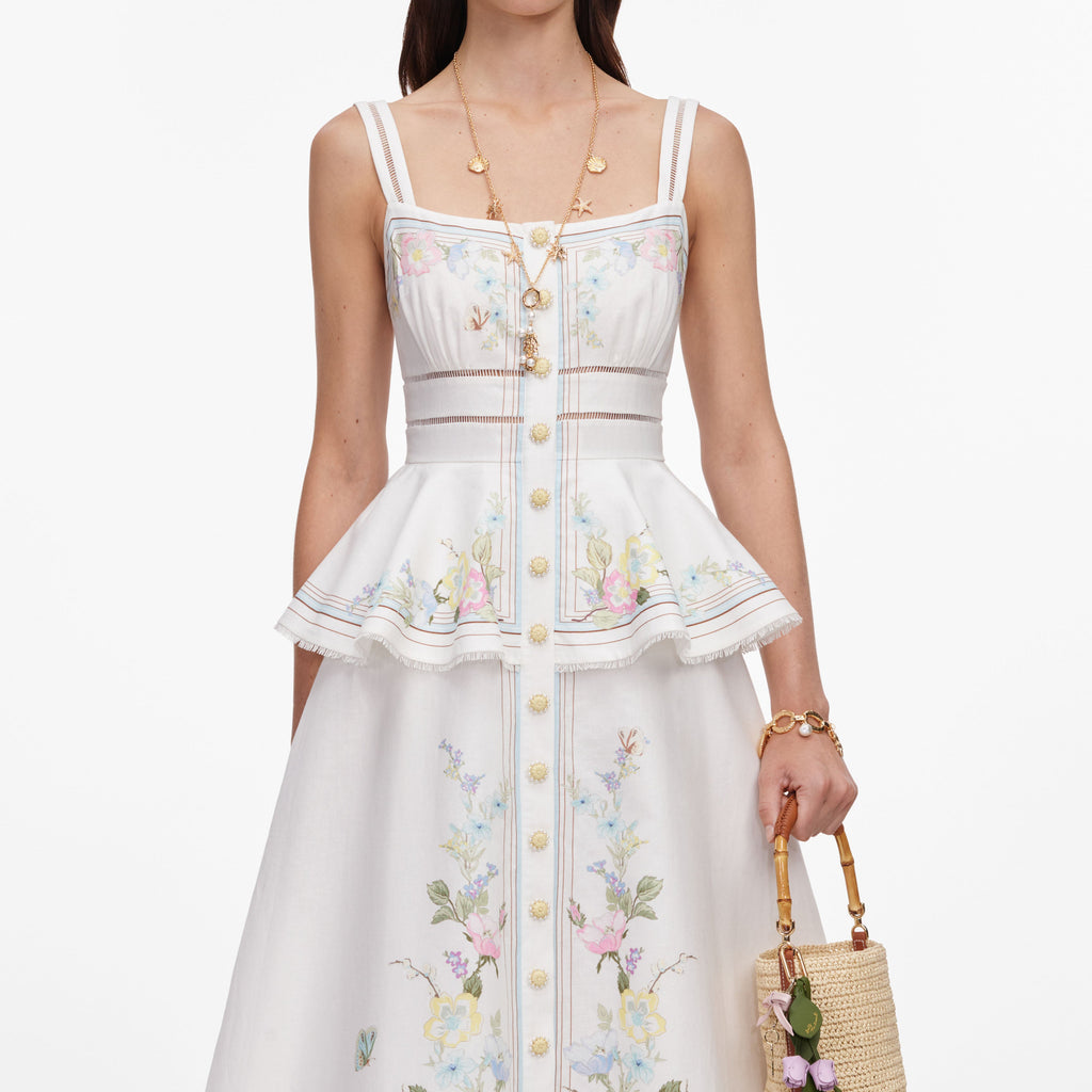 White Floral Linen Blend Peplum Midi Dress