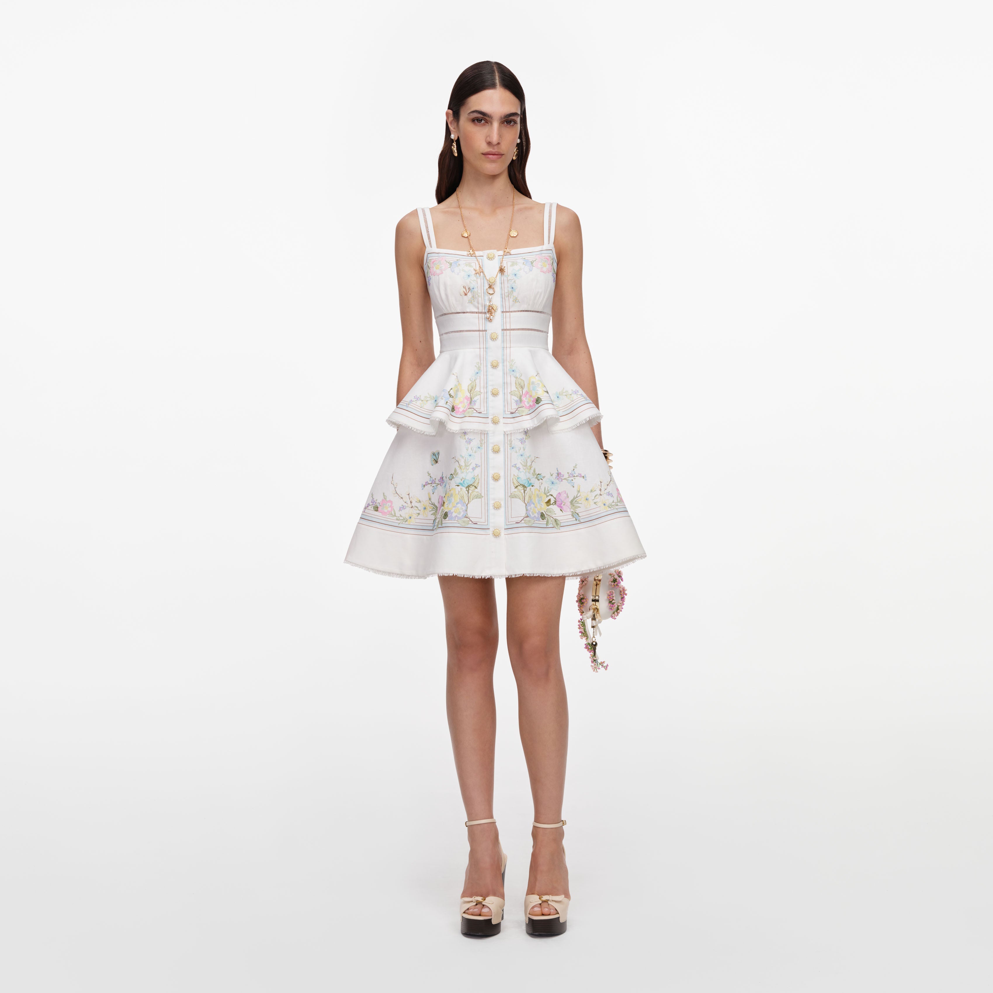 White Floral Linen Blend Peplum Mini Dress