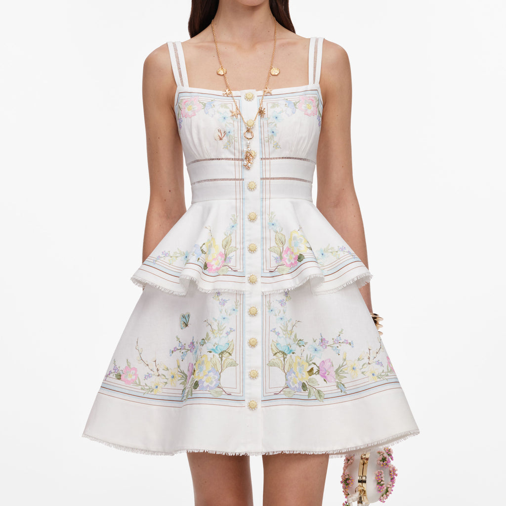 White Floral Linen Blend Peplum Mini Dress
