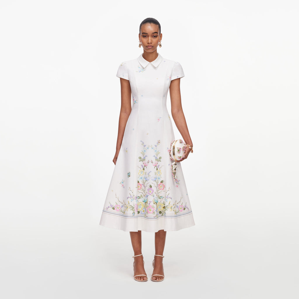 White Floral Linen Blend Midi Dress