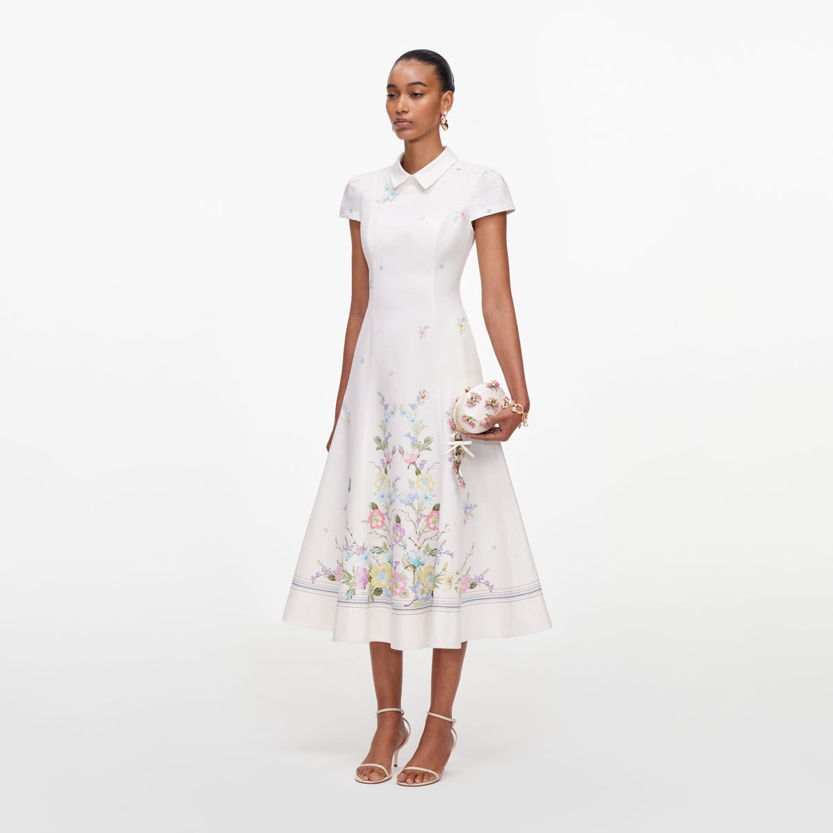 White Floral Linen Blend Midi Dress