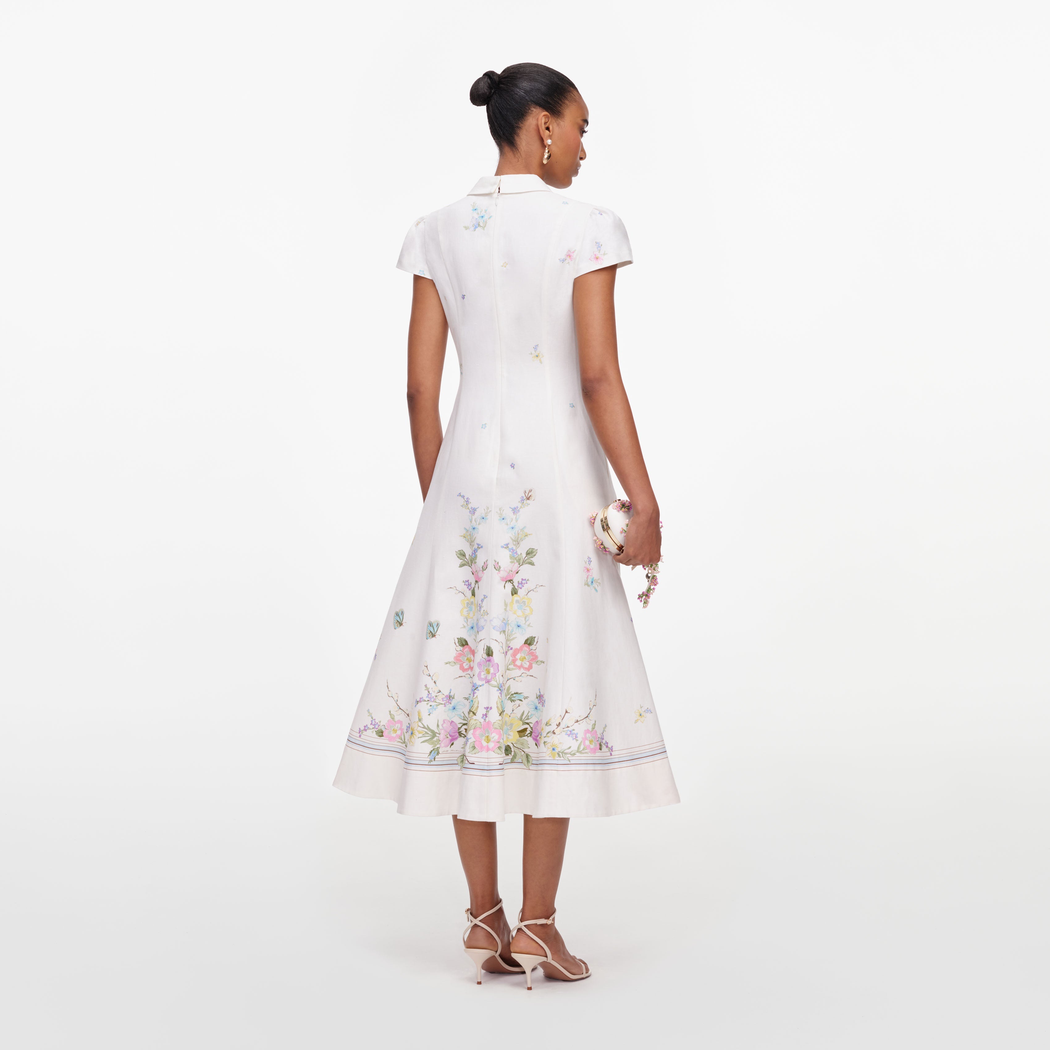 White Floral Linen Blend Midi Dress
