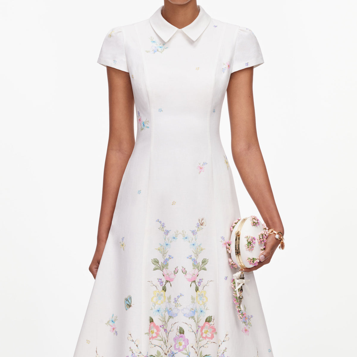 White Floral Linen Blend Midi Dress