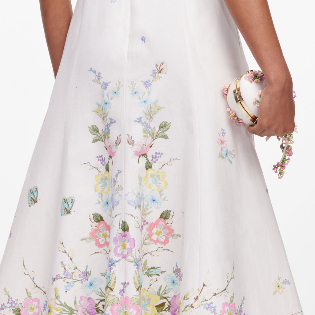 White Floral Linen Blend Midi Dress