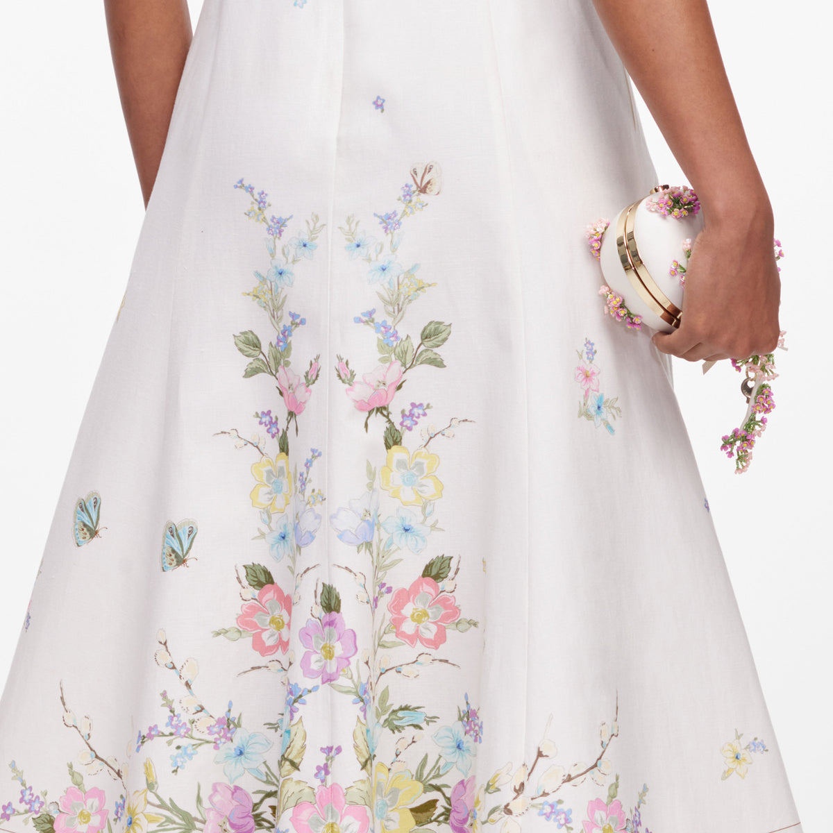 White Floral Linen Blend Midi Dress