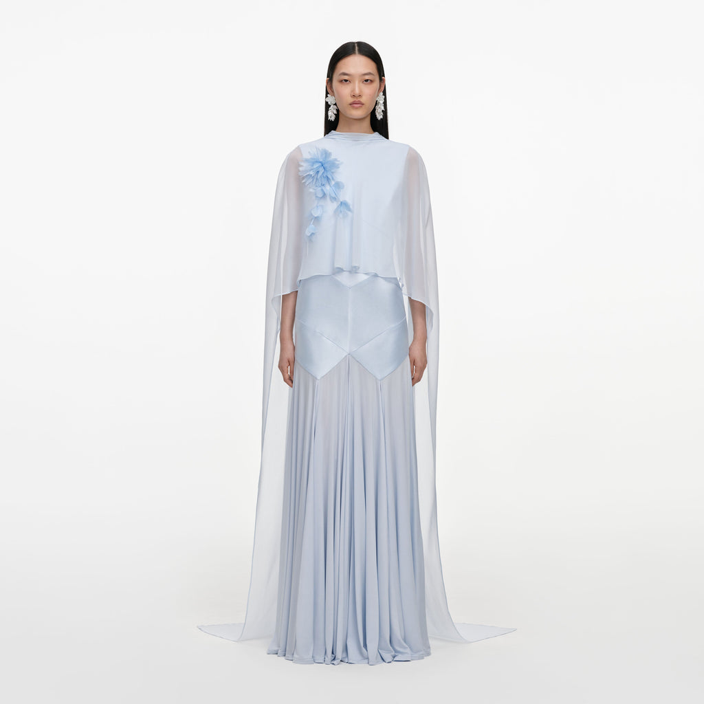 Blue Satin Jersey Cape Maxi Dress