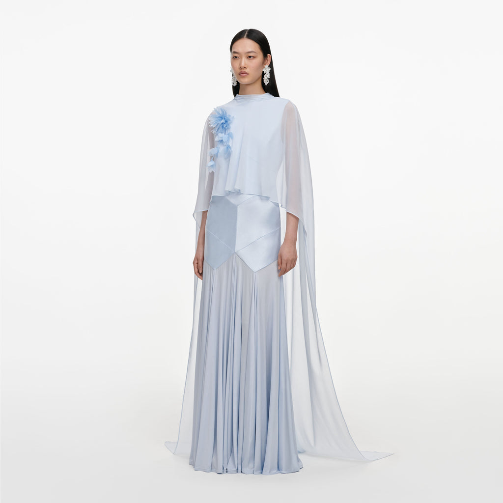 Blue Satin Jersey Cape Maxi Dress