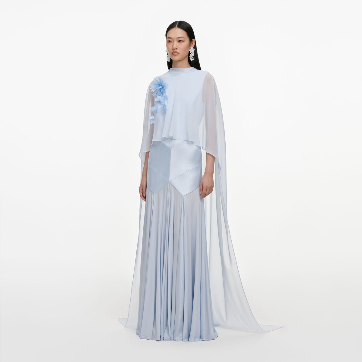Blue Satin Jersey Cape Maxi Dress