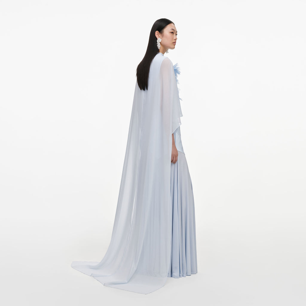 Blue Satin Jersey Cape Maxi Dress