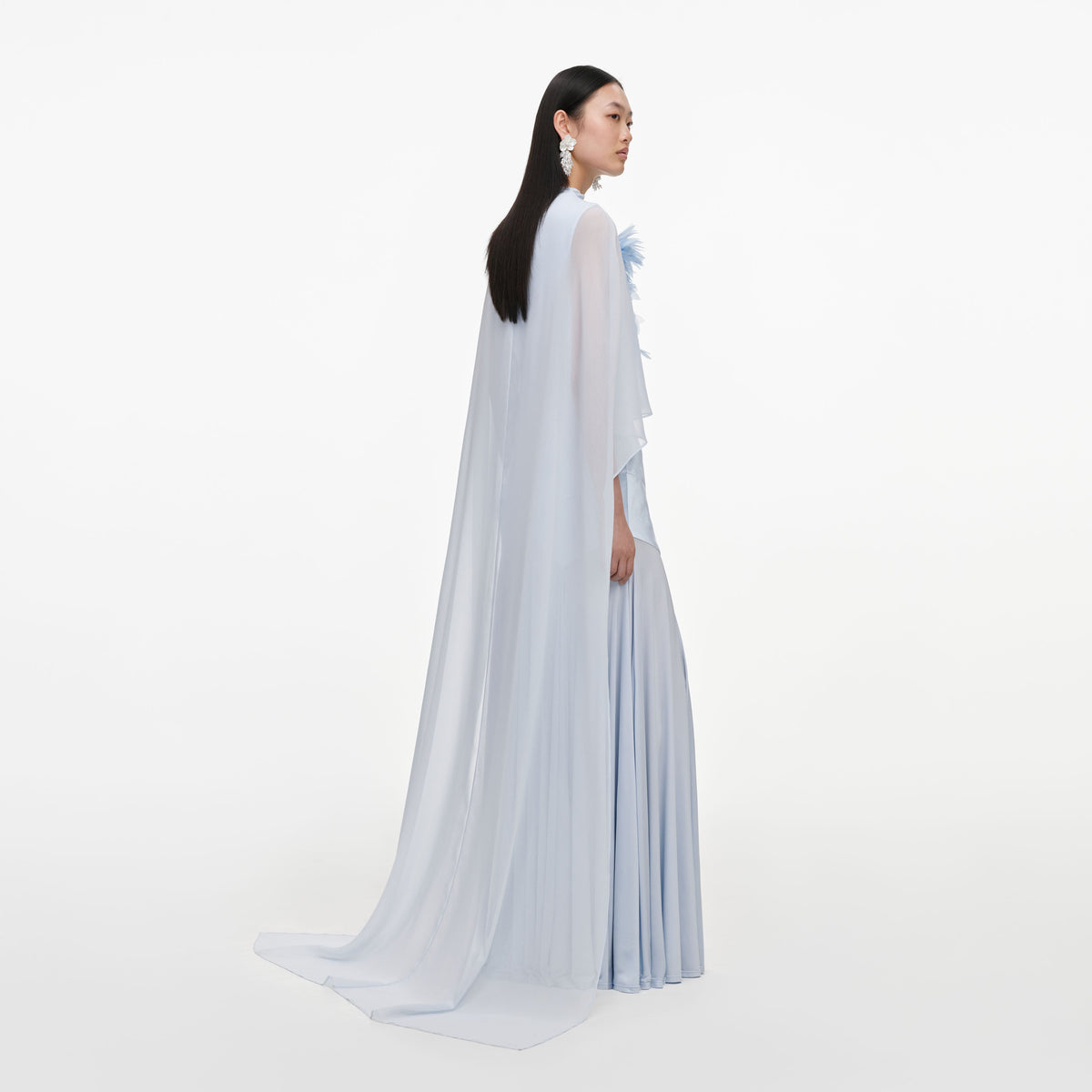 Blue Satin Jersey Cape Maxi Dress