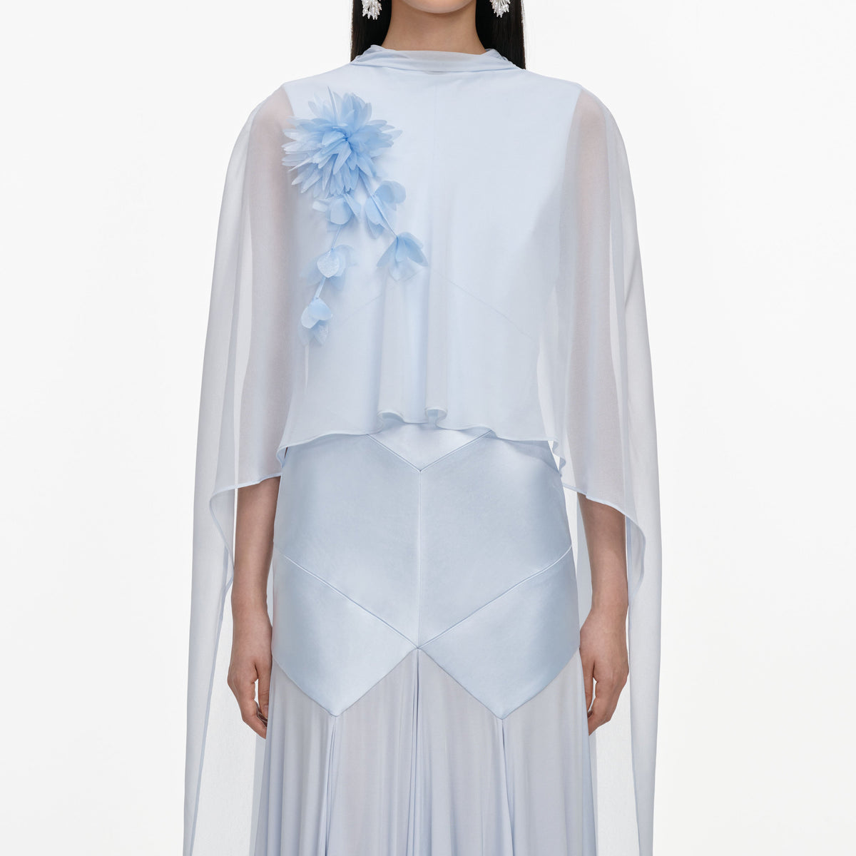 Blue Satin Jersey Cape Maxi Dress
