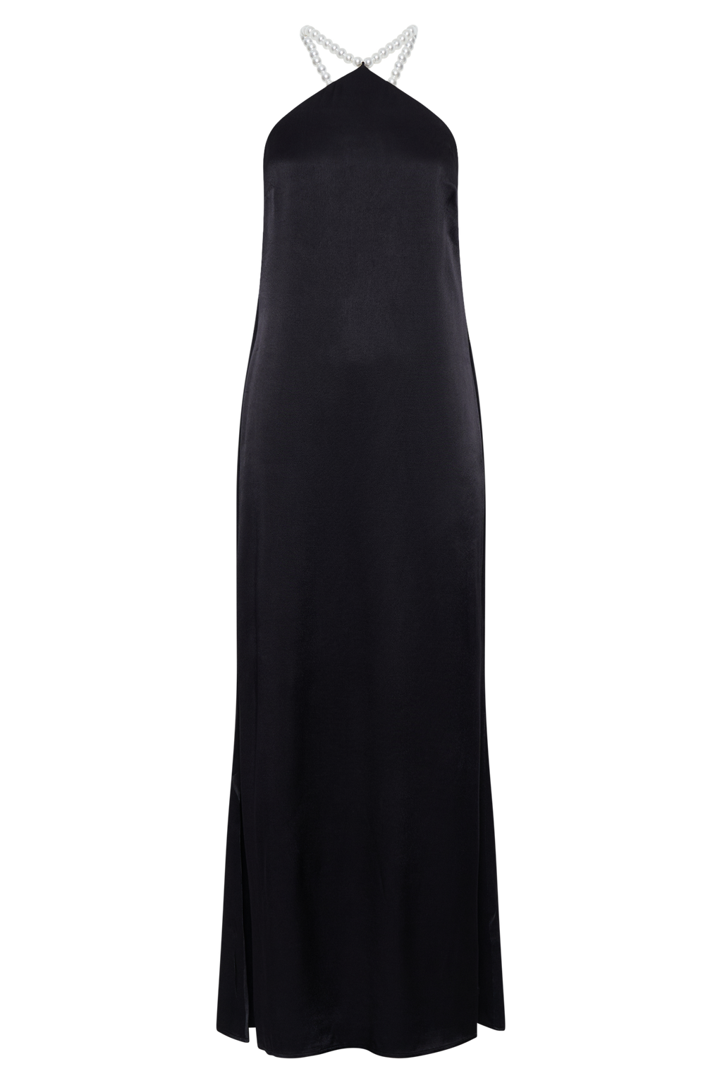 Blanche Satin Pearl Halter Maxi Dress - Black