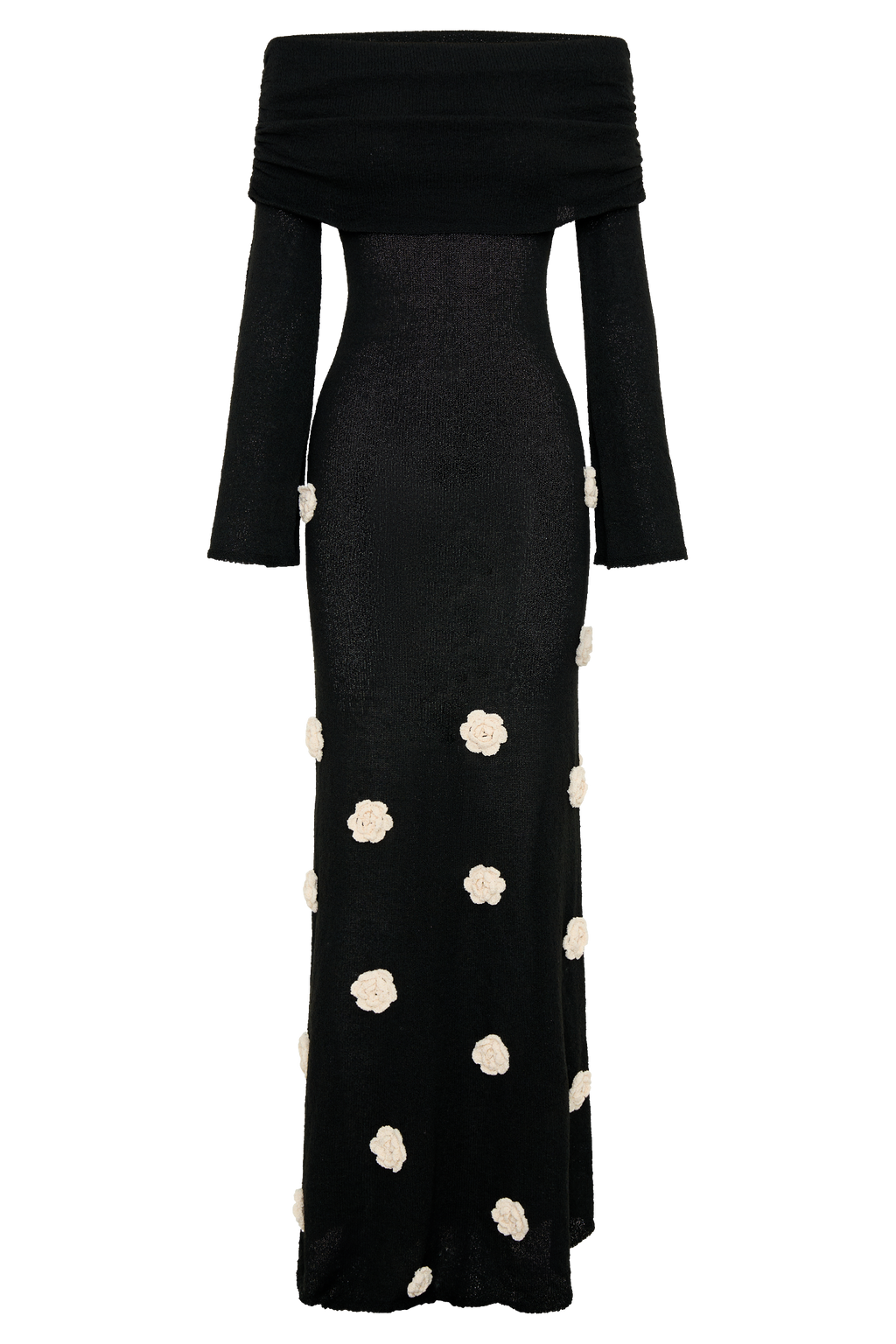 Kiki Off Shoulder Knit Rose Maxi Dress - Black/White