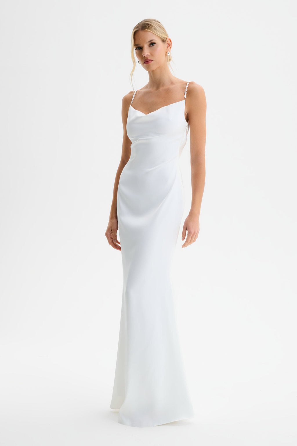 DANI Cowl Neck Satin Maxi Dress with Pearl Straps in White