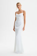 DANI Cowl Neck Satin Maxi Dress with Pearl Straps in White