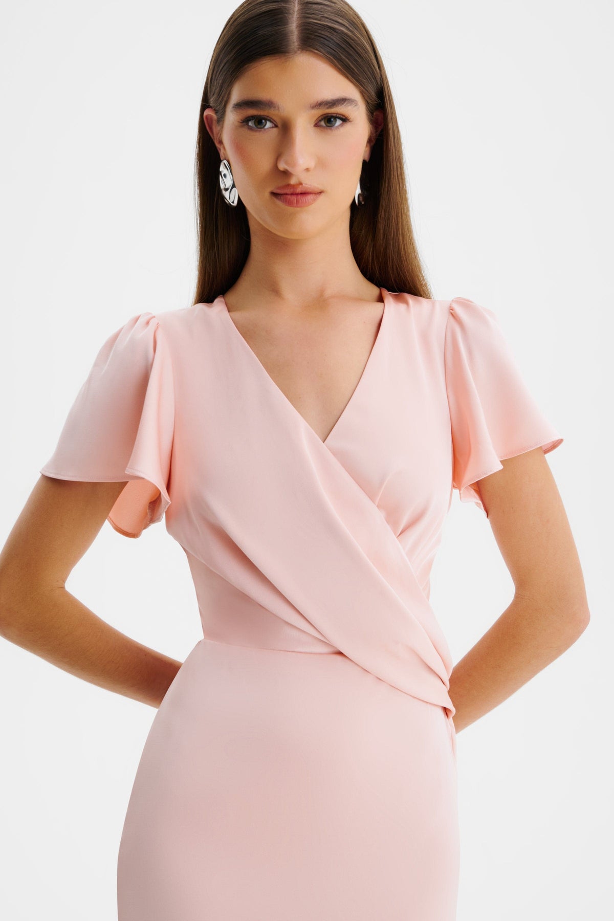 BEAU Draped Wrap Satin Maxi Dress with Sleeves in Pink