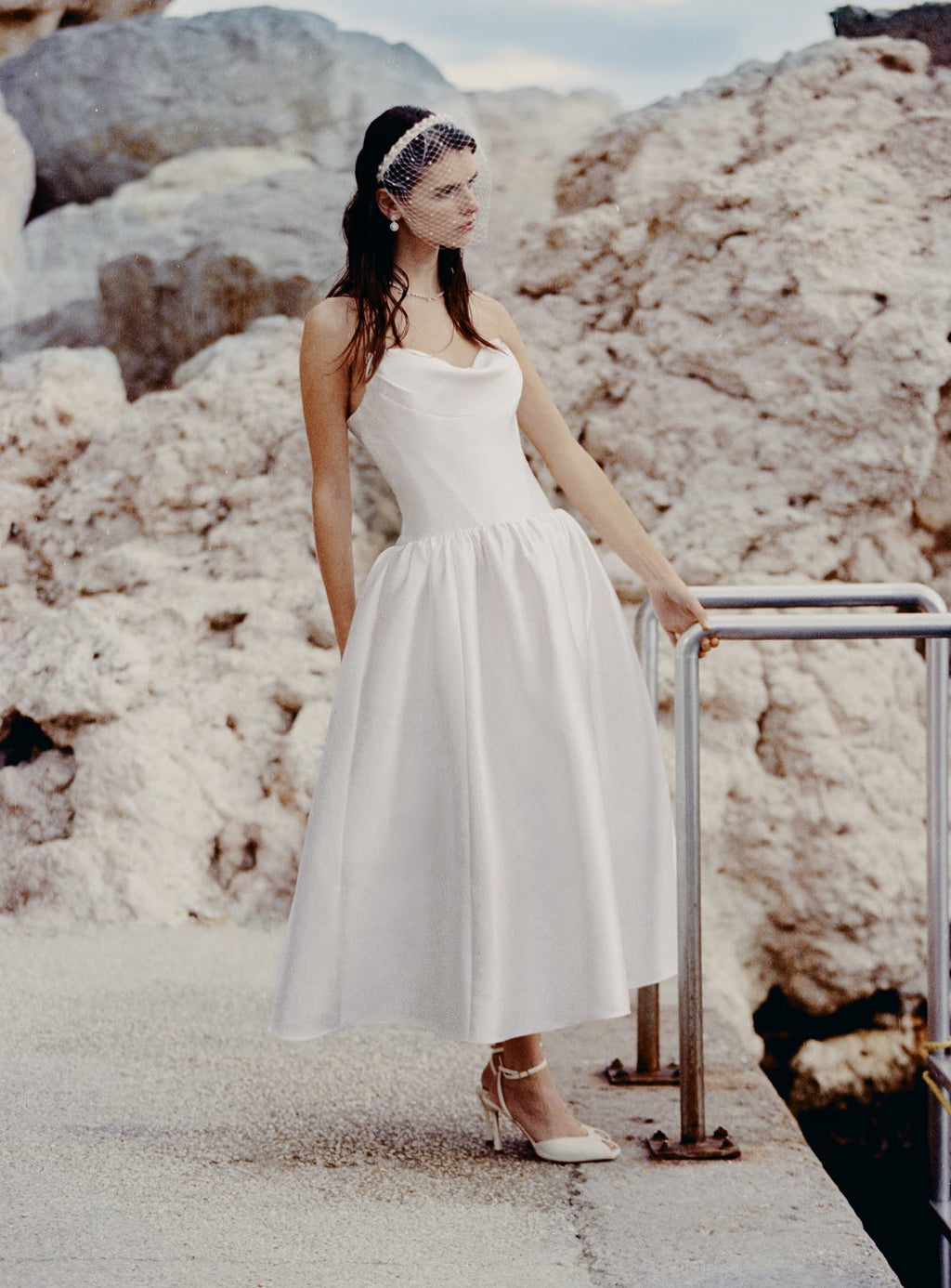 White Taffeta Strapless Midi Dress