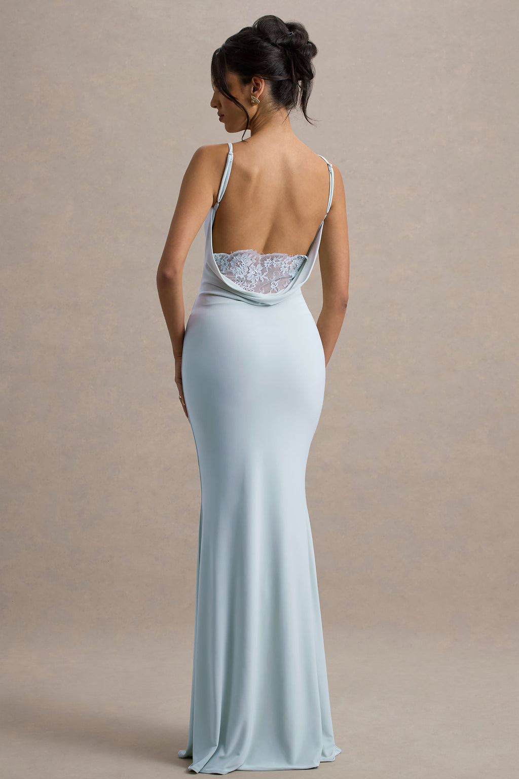 Francoise | Light Blue Cowl Neck Backless Maxi Dress With Lace Insert