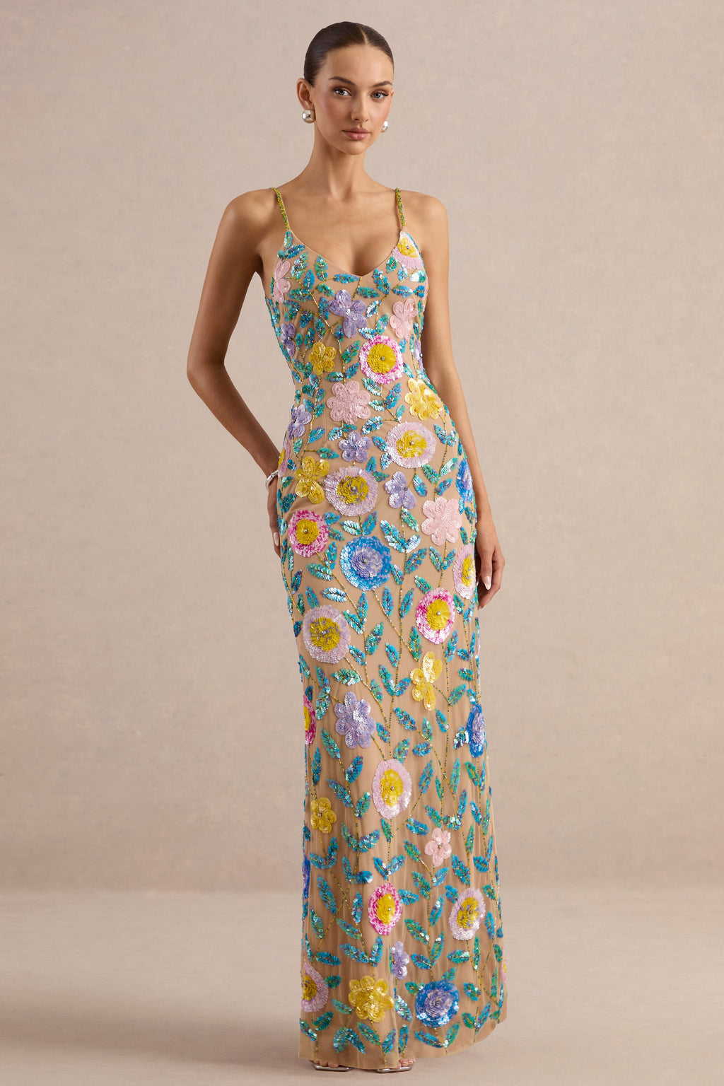 Gemini | Nude Floral Embellished Strappy Maxi Dress