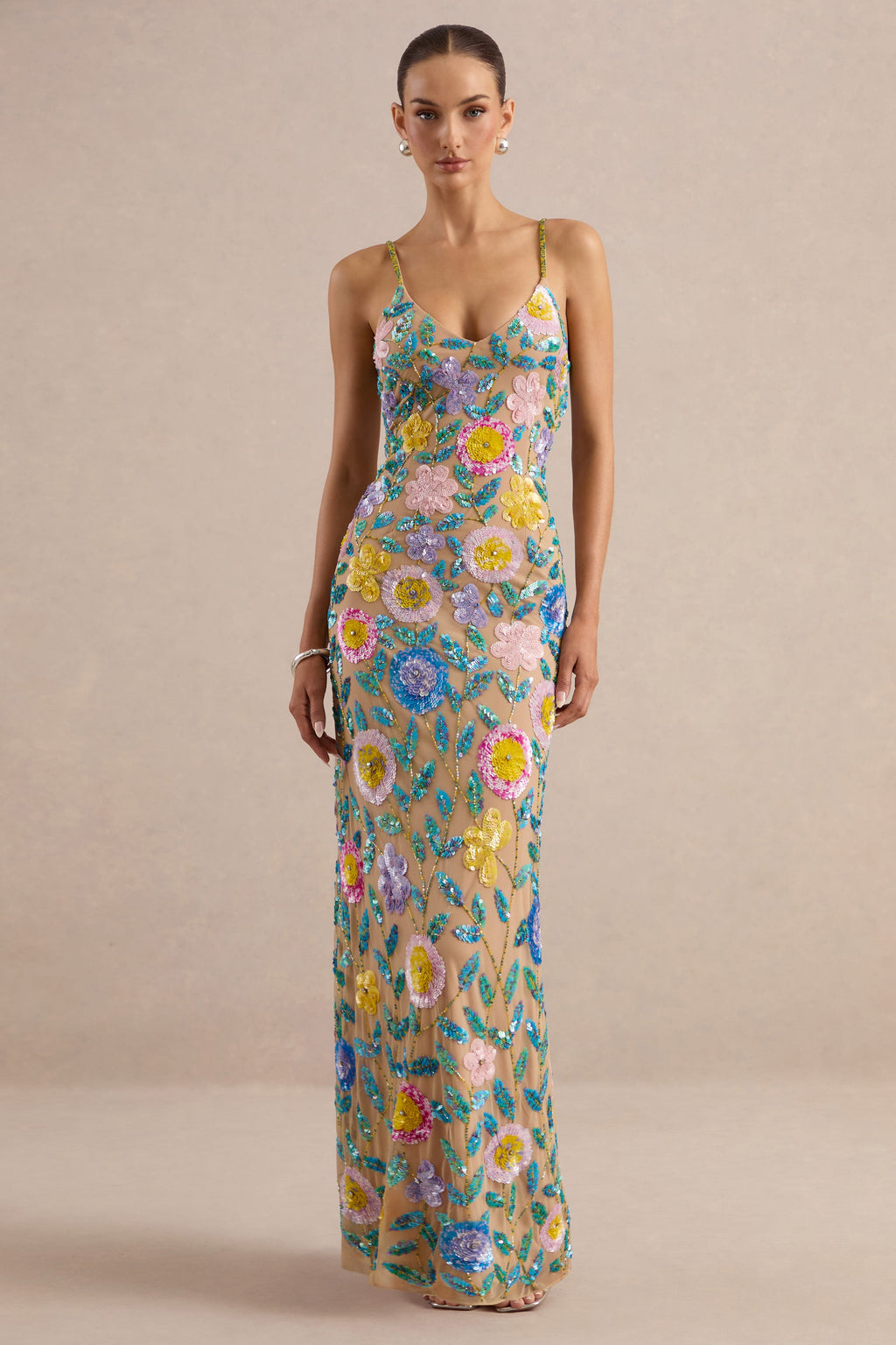 Gemini | Nude Floral Embellished Strappy Maxi Dress