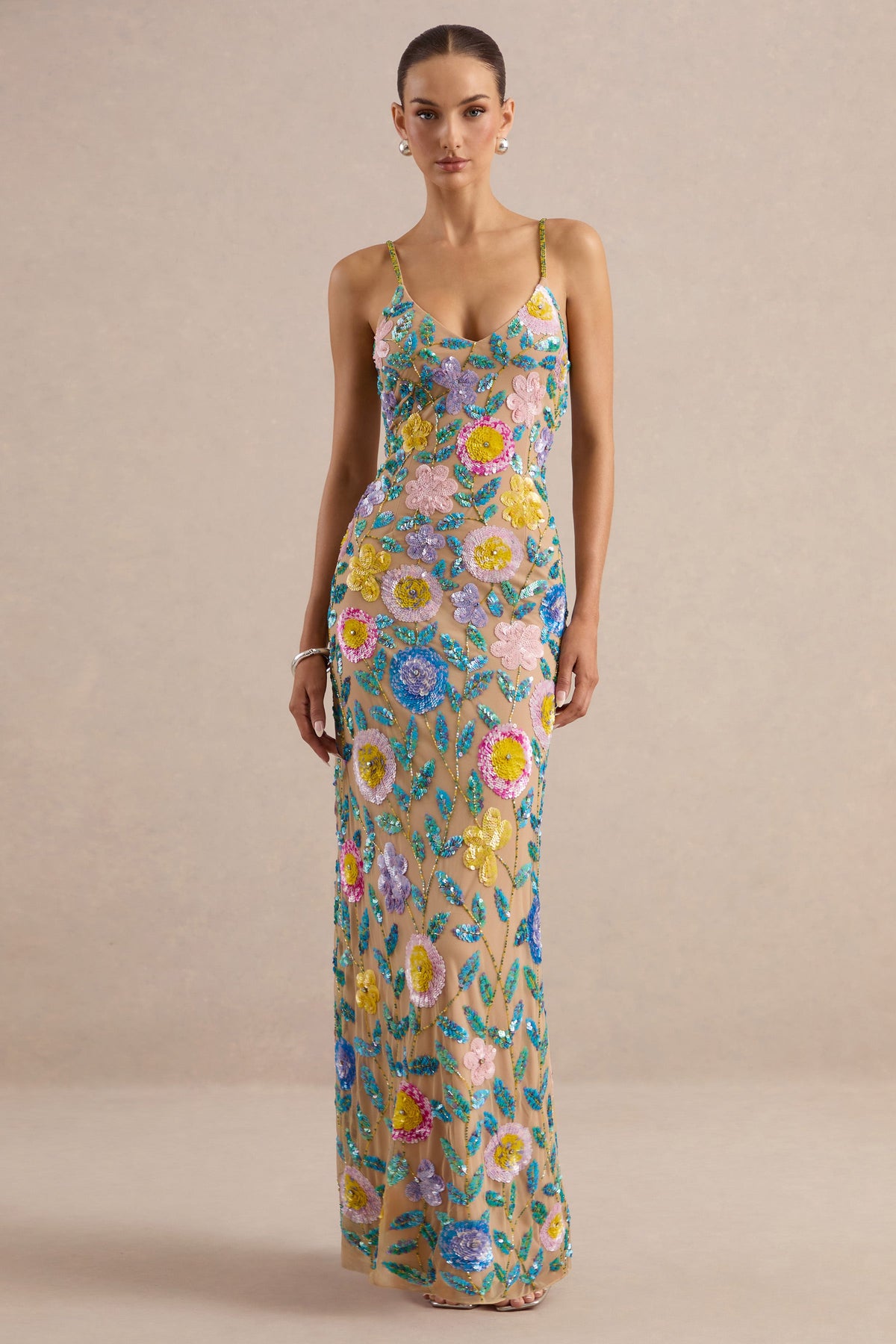 Gemini | Nude Floral Embellished Strappy Maxi Dress