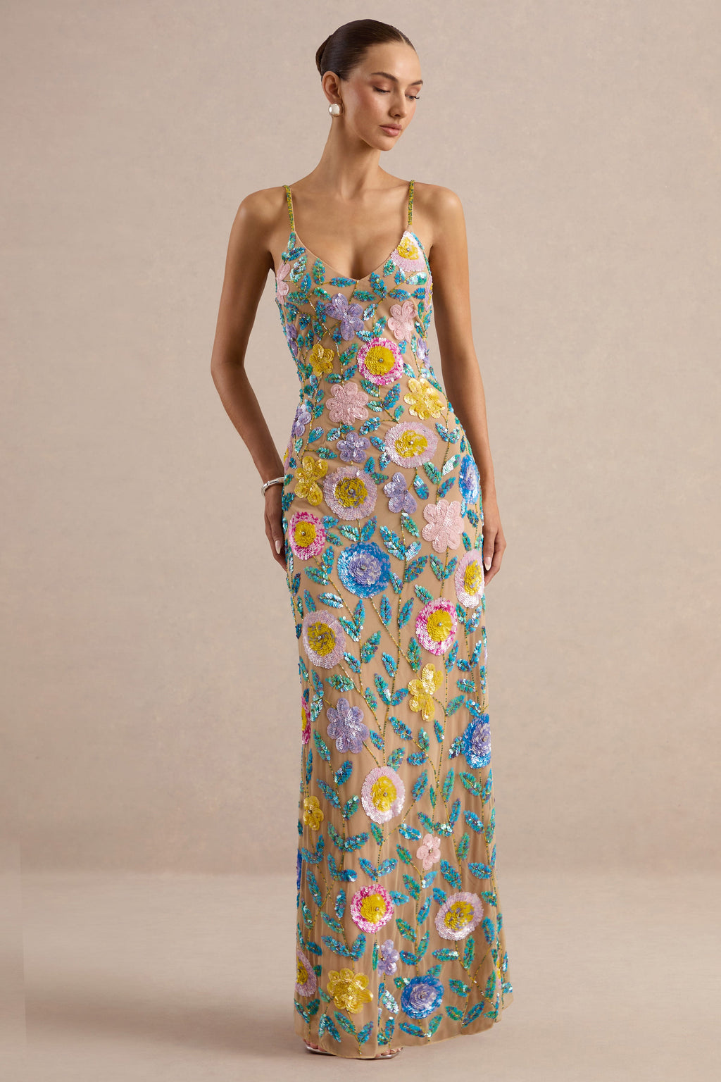Gemini | Nude Floral Embellished Strappy Maxi Dress