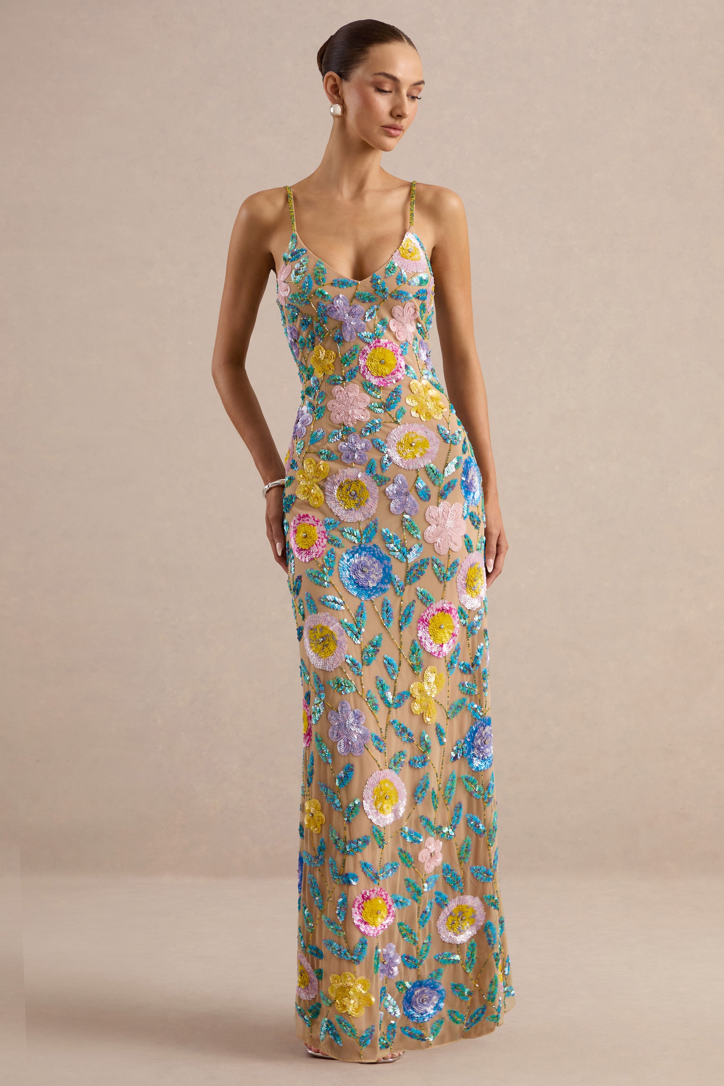 Gemini | Nude Floral Embellished Strappy Maxi Dress