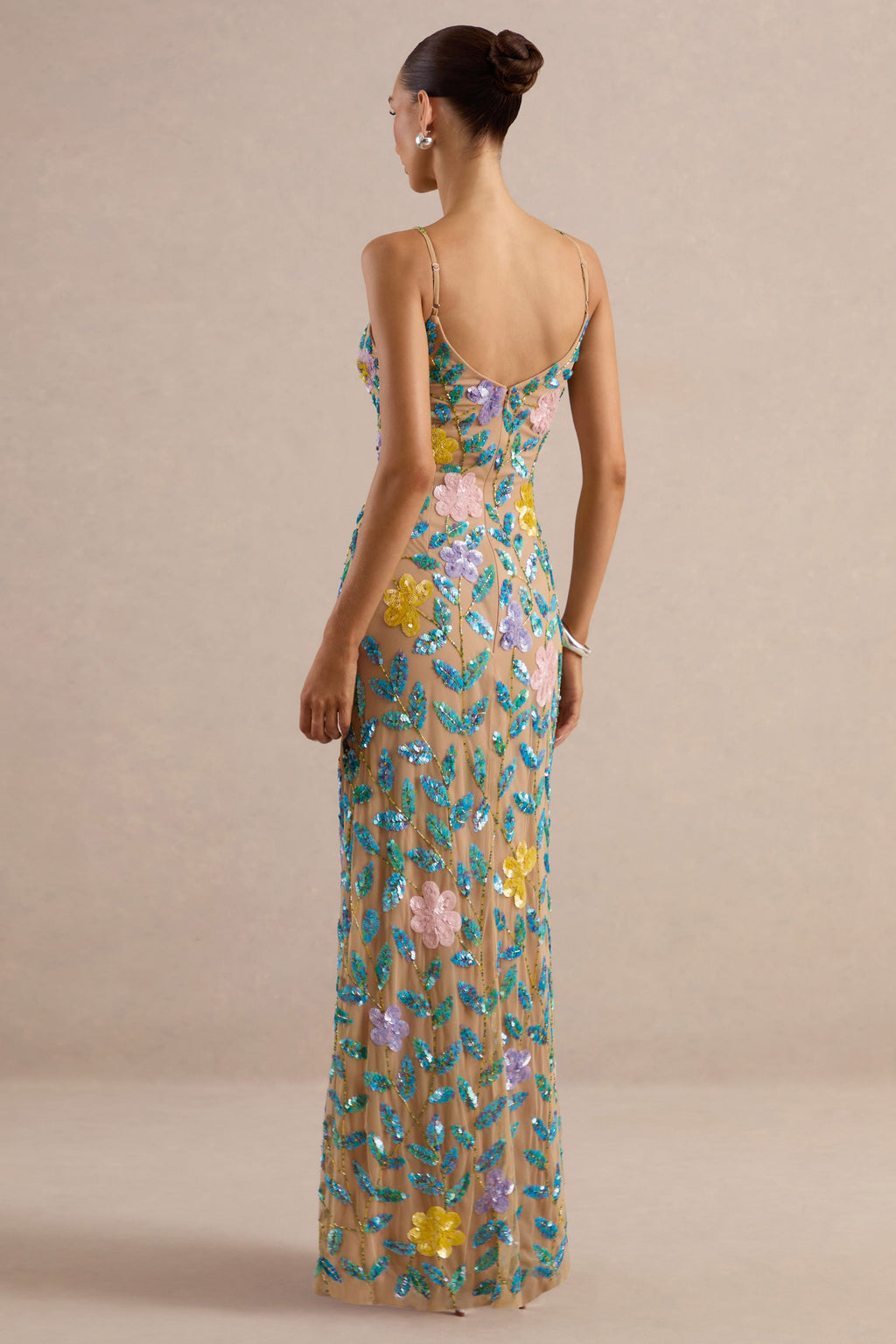 Gemini | Nude Floral Embellished Strappy Maxi Dress