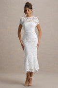 Clarissa | White Lace Crew-Neck Short-Sleeve Midi Dress