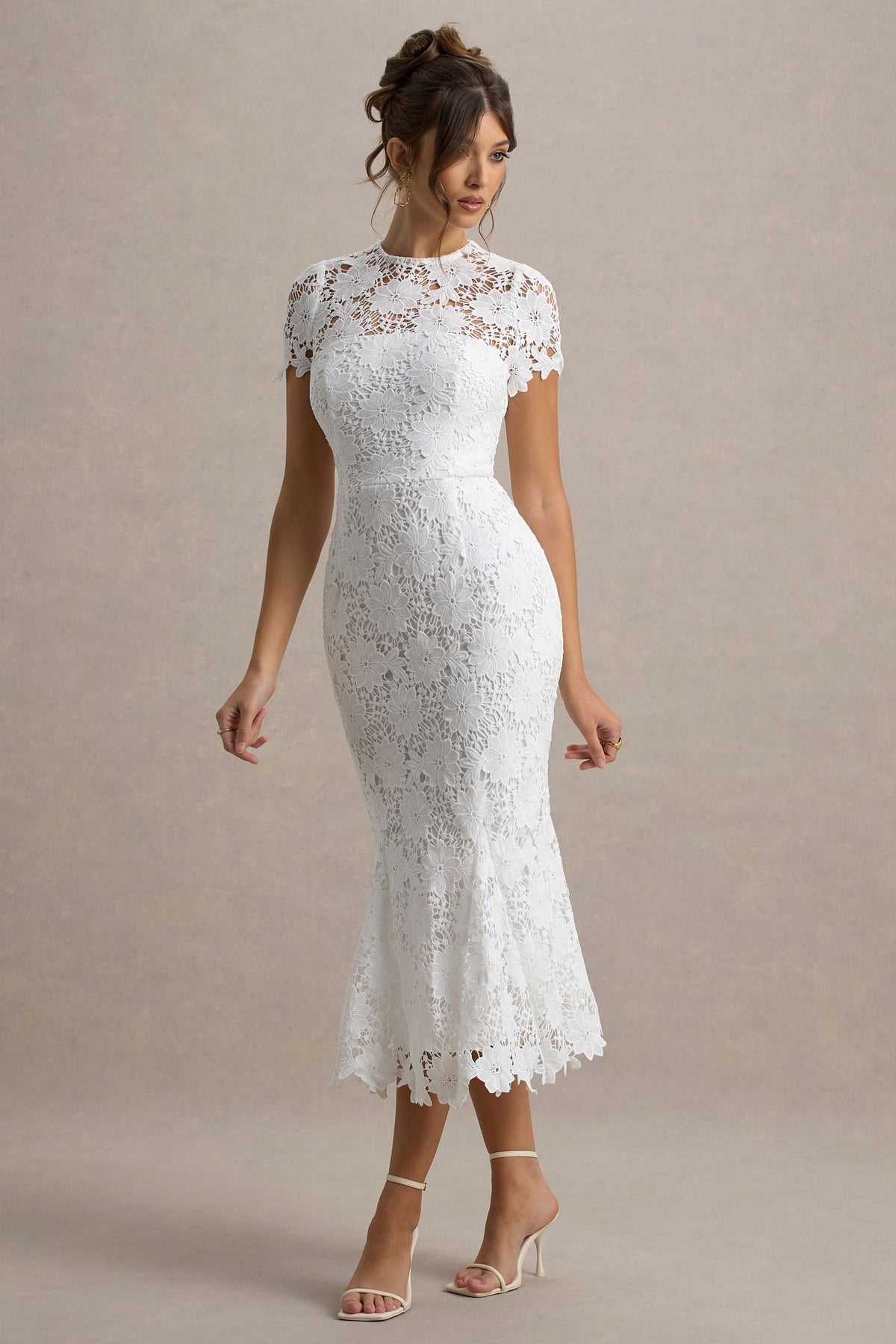 Clarissa | White Lace Crew-Neck Short-Sleeve Midi Dress