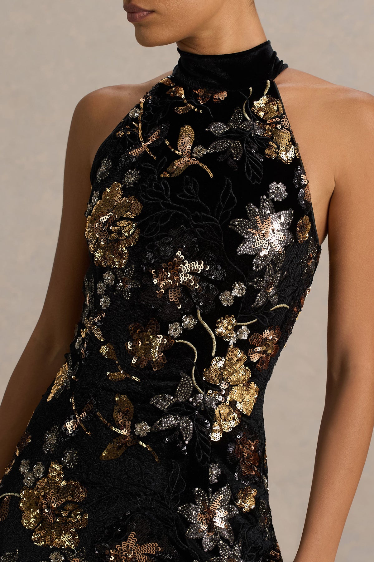 Tate | Black Velvet Halter-Neck Maxi Dress With Bronze Floral Sequin Embellishments
