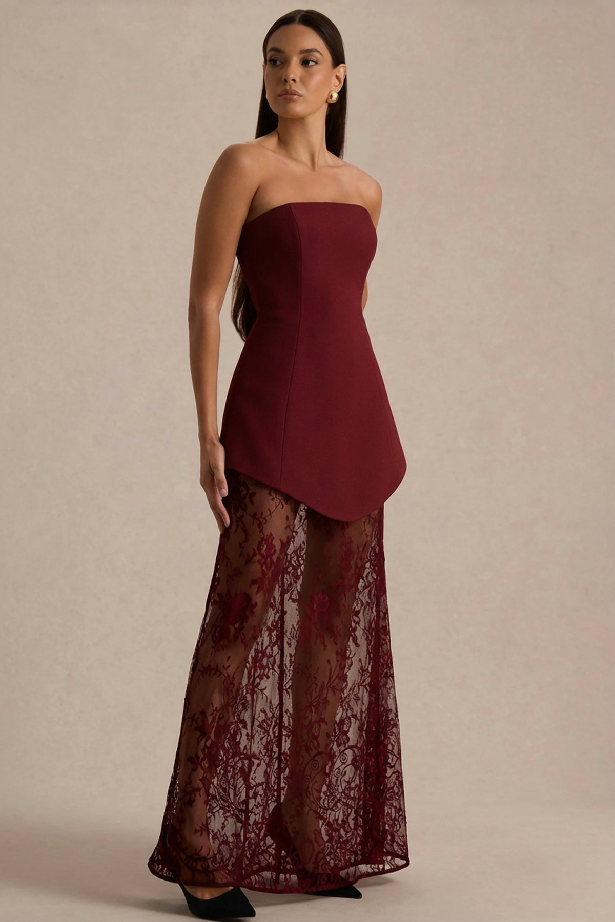 Brandi | Burgundy Bandeau Maxi Dress With Lace Skirt