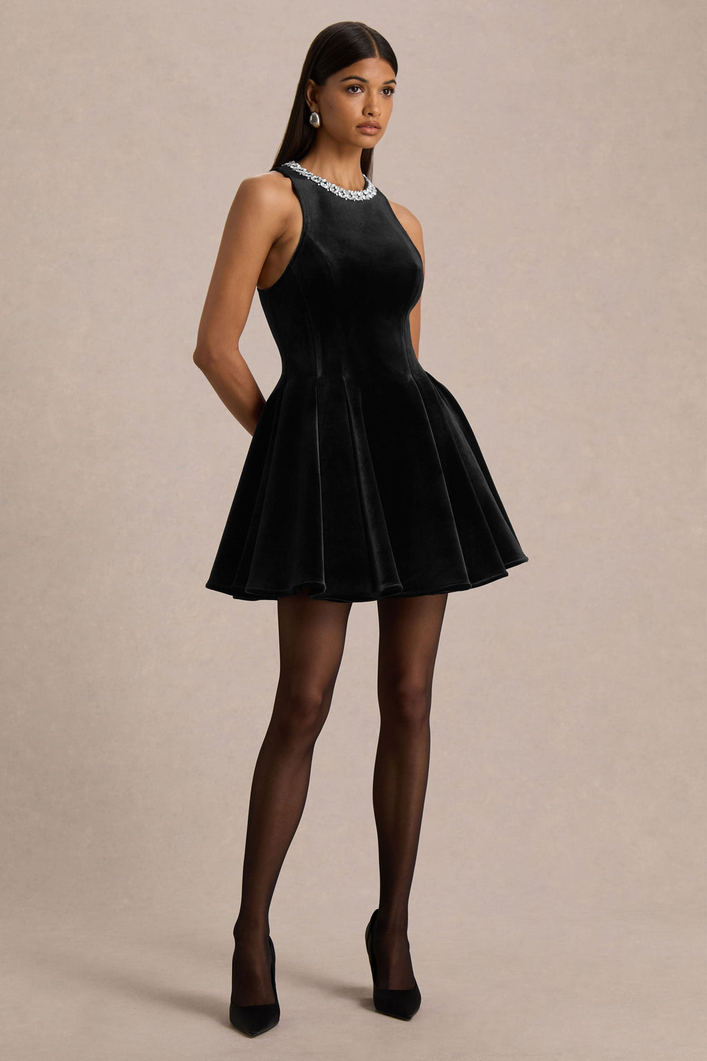 Meva | Black Velvet Hand-Embellished High-Neck Mini Dress