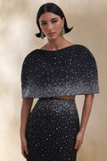 Luxy | Black Embellished Boat-Neck Crop-Top With Cape-Sleeves