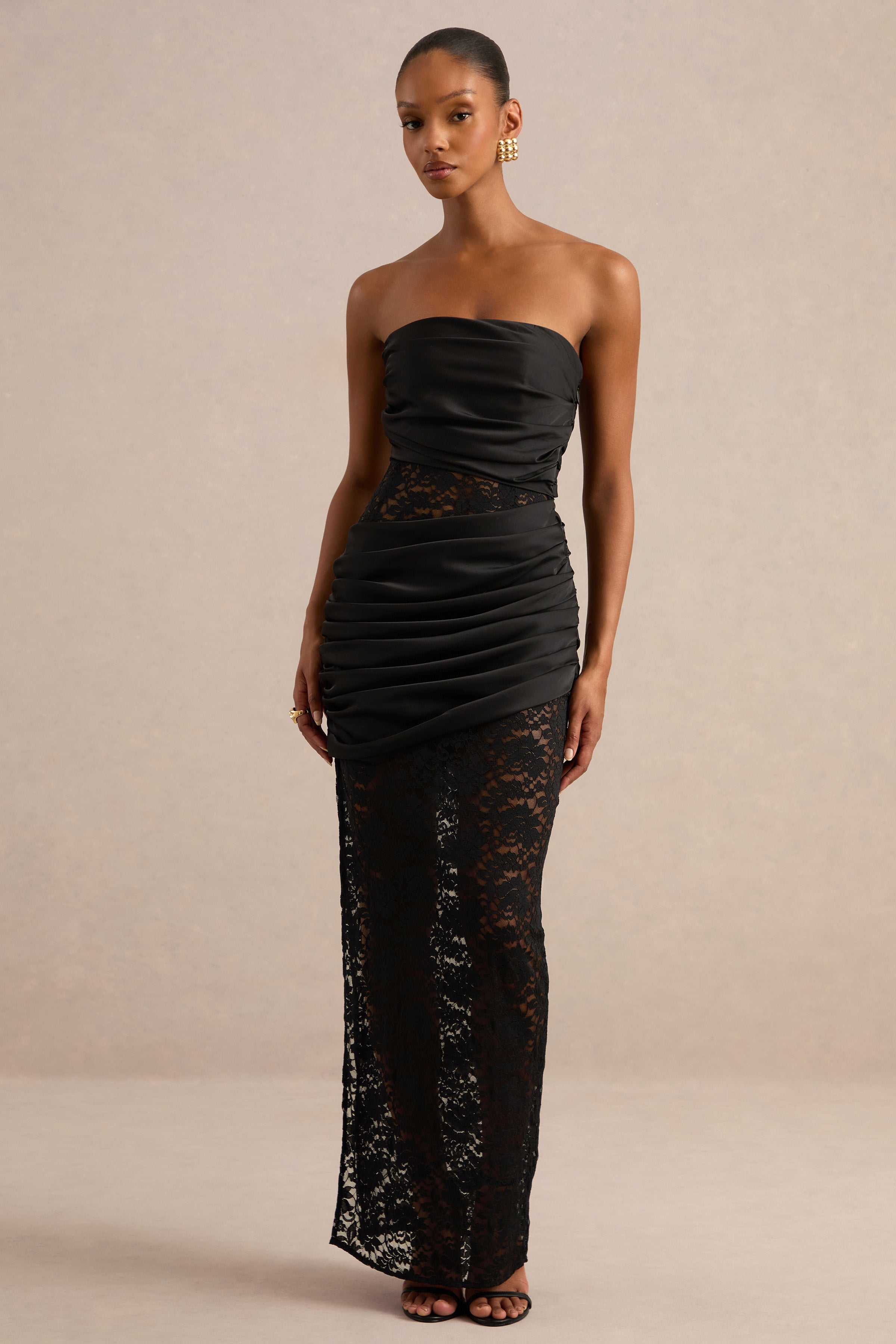 Dulcie | Black Lace And Satin Bandeau Midaxi Dress With Wrap-Details