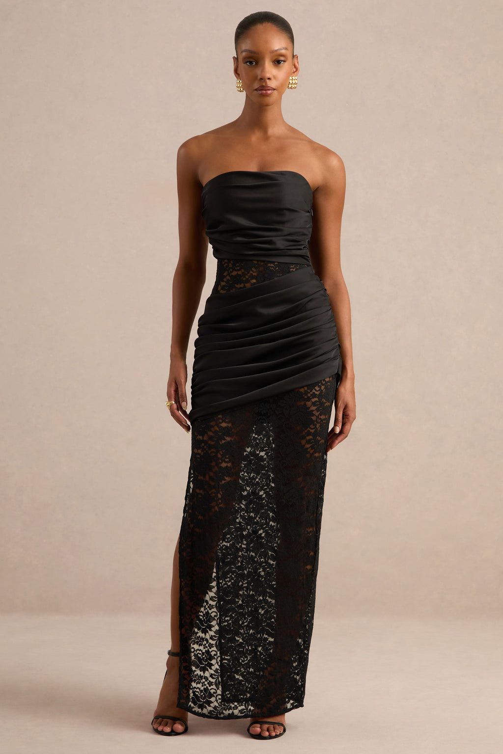 Dulcie | Black Lace And Satin Bandeau Midaxi Dress With Wrap-Details