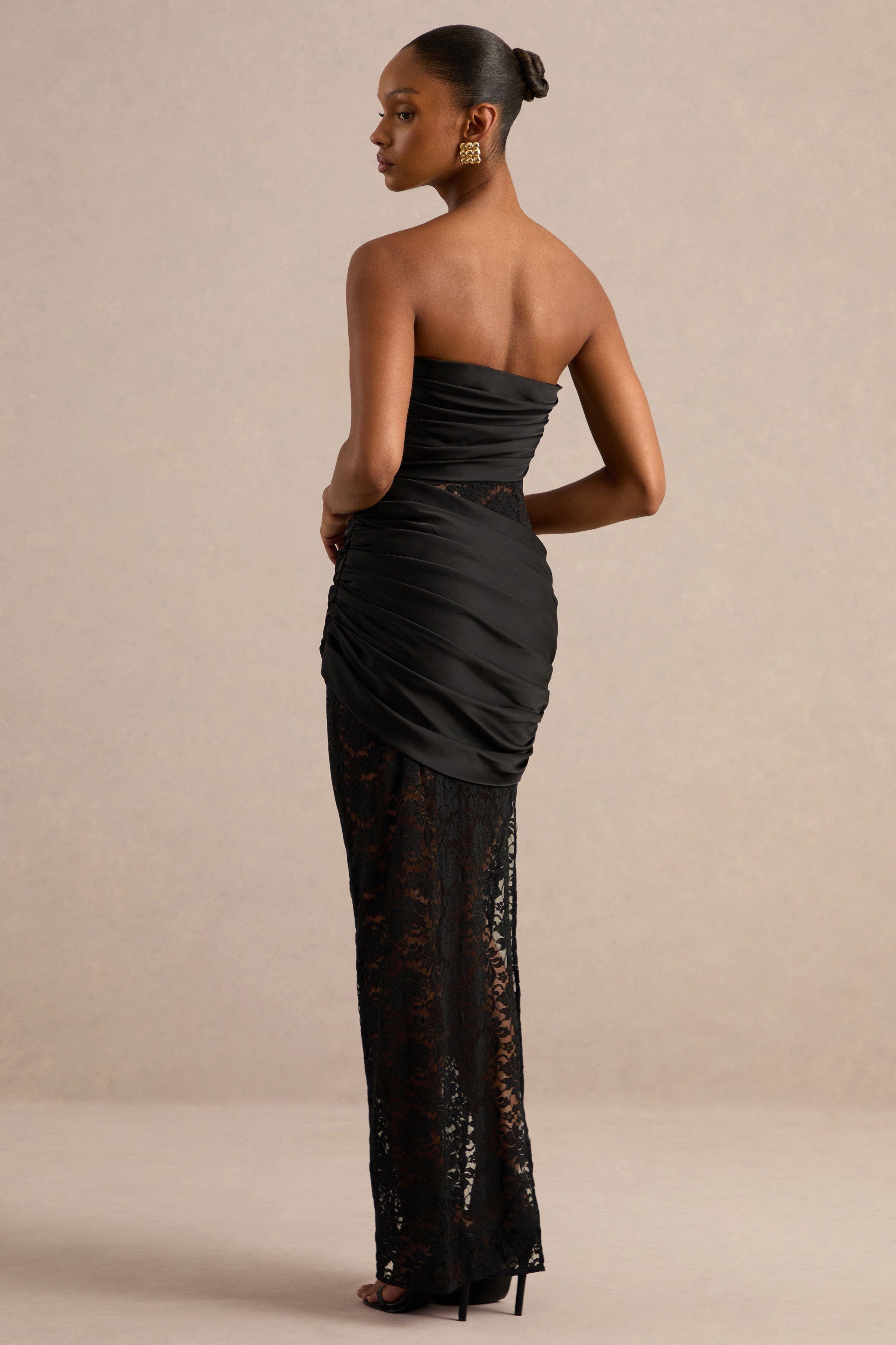 Dulcie | Black Lace And Satin Bandeau Midaxi Dress With Wrap-Details