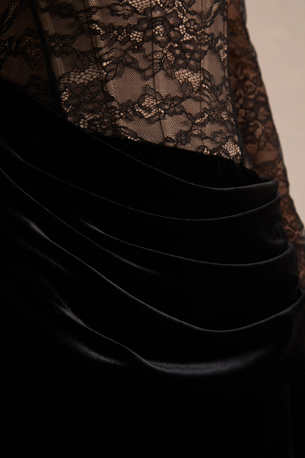 Finesse | Black Lace And Velvet Square-Neck Maxi Dress With Draped Skirt