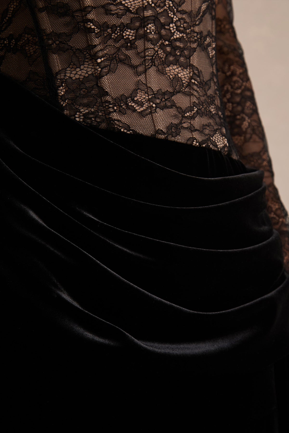 Finesse | Black Lace And Velvet Square-Neck Maxi Dress With Draped Skirt