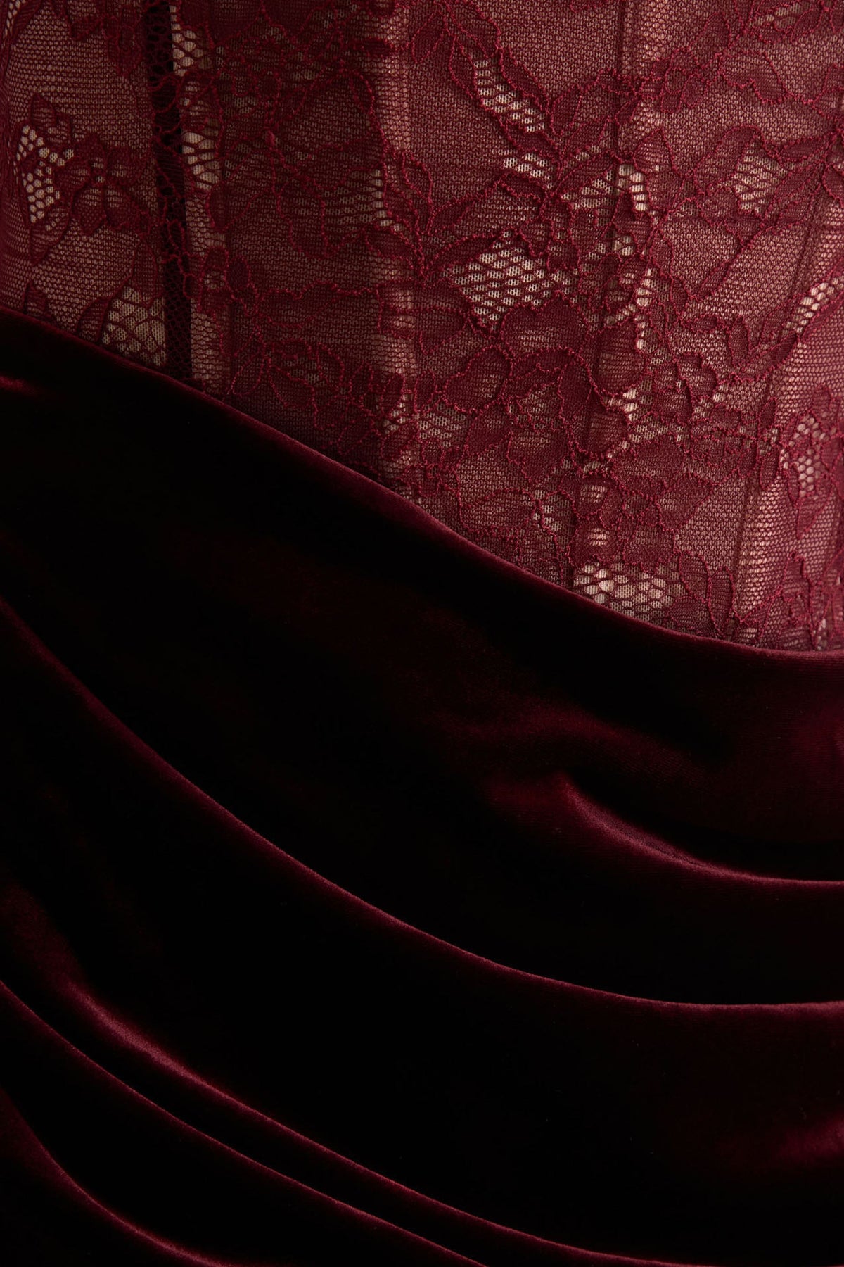 Finesse | Burgundy Lace And Velvet Square-Neck Maxi Dress With Draped Skirt