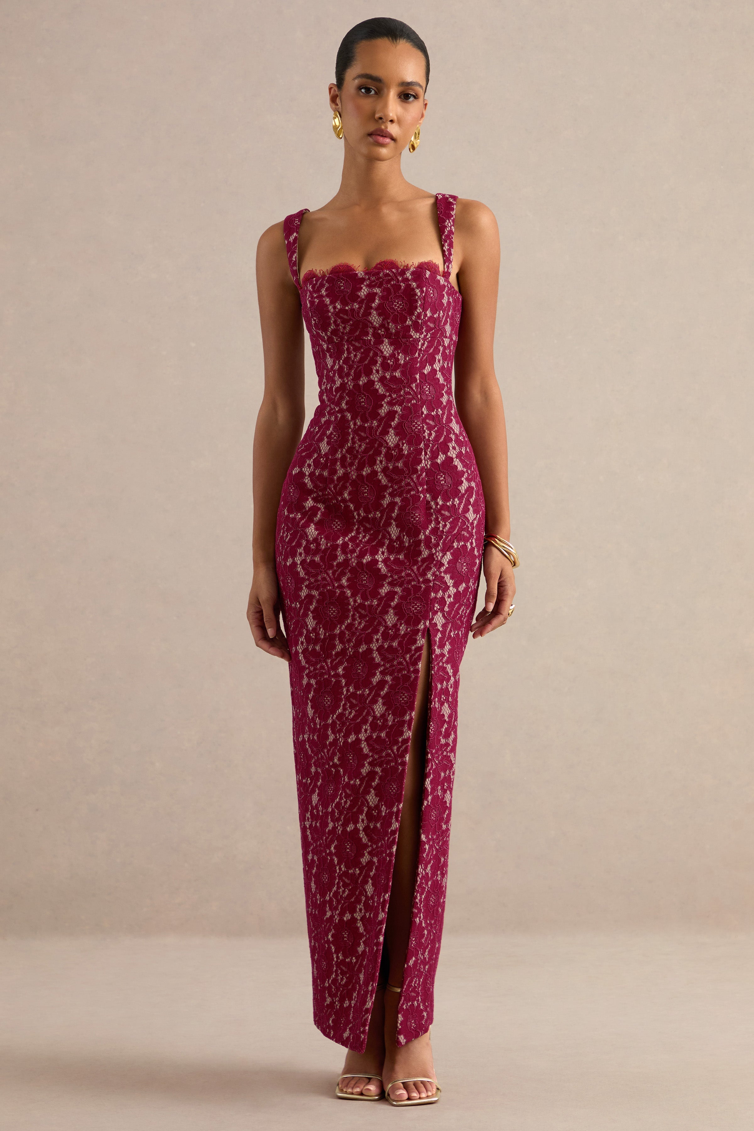 Zarisse | Burgundy Lace Square-Neck Maxi Dress