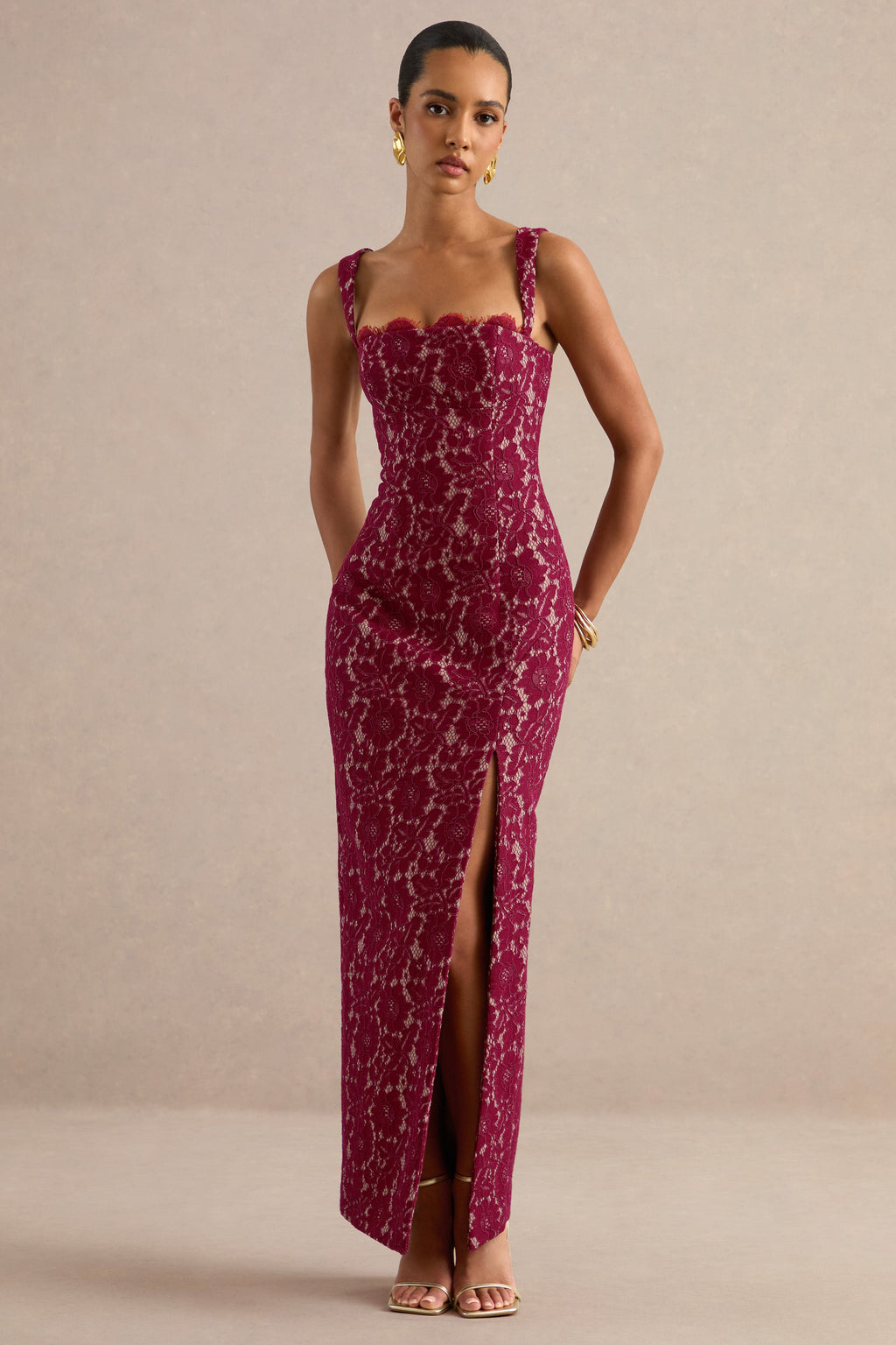 Zarisse | Burgundy Lace Square-Neck Maxi Dress