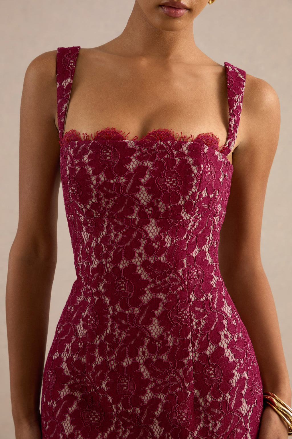Zarisse | Burgundy Lace Square-Neck Maxi Dress