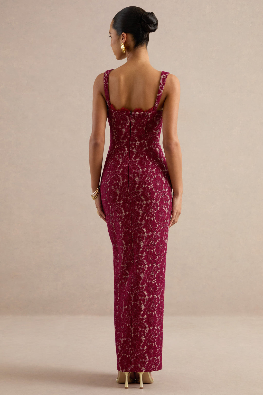 Zarisse | Burgundy Lace Square-Neck Maxi Dress