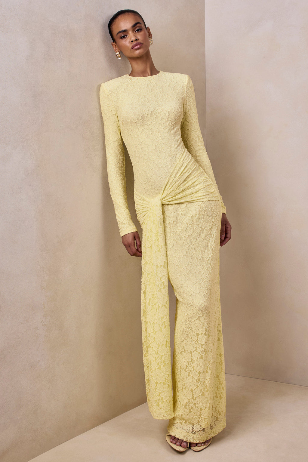 Evangela | Lemon Lace Crew-Neck Maxi Dress With Wrap-Detail
