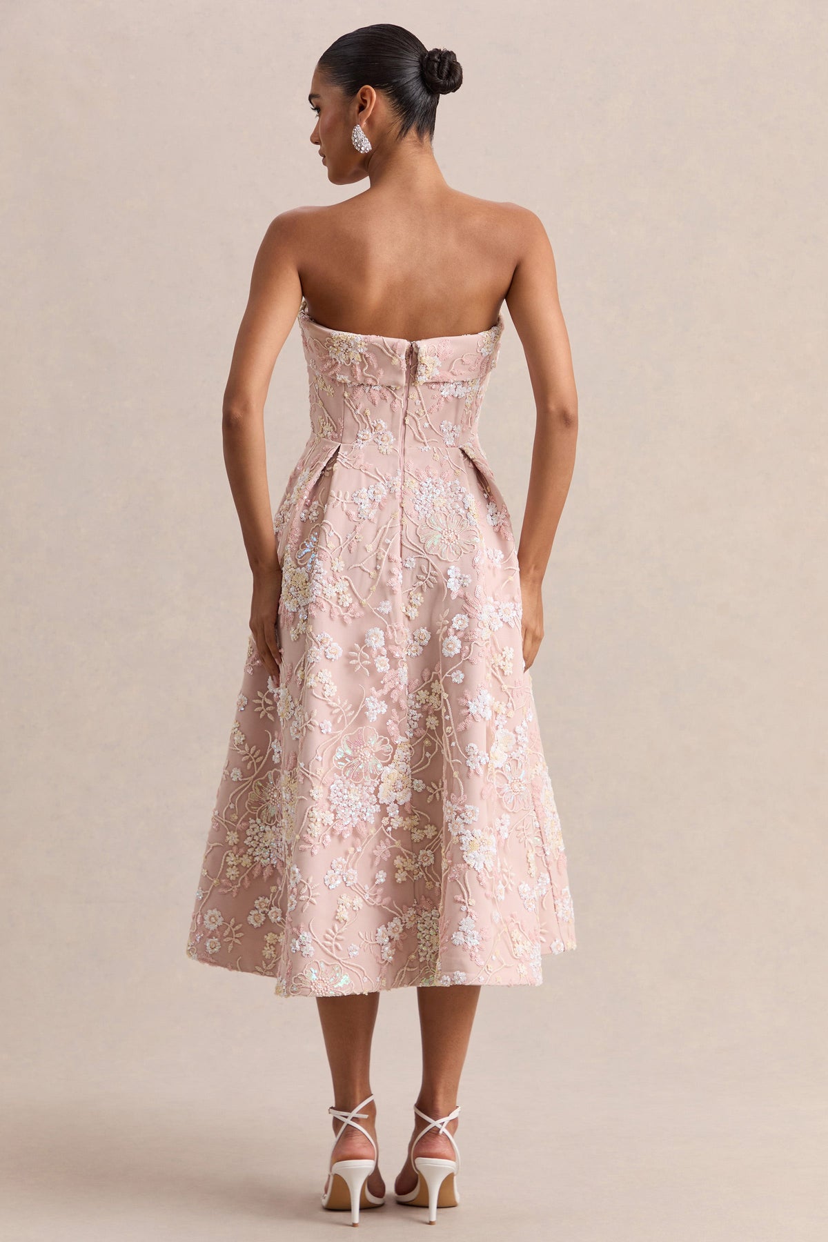 Amaris | Pink Embellished Floral Bandeau Skater Midi Dress